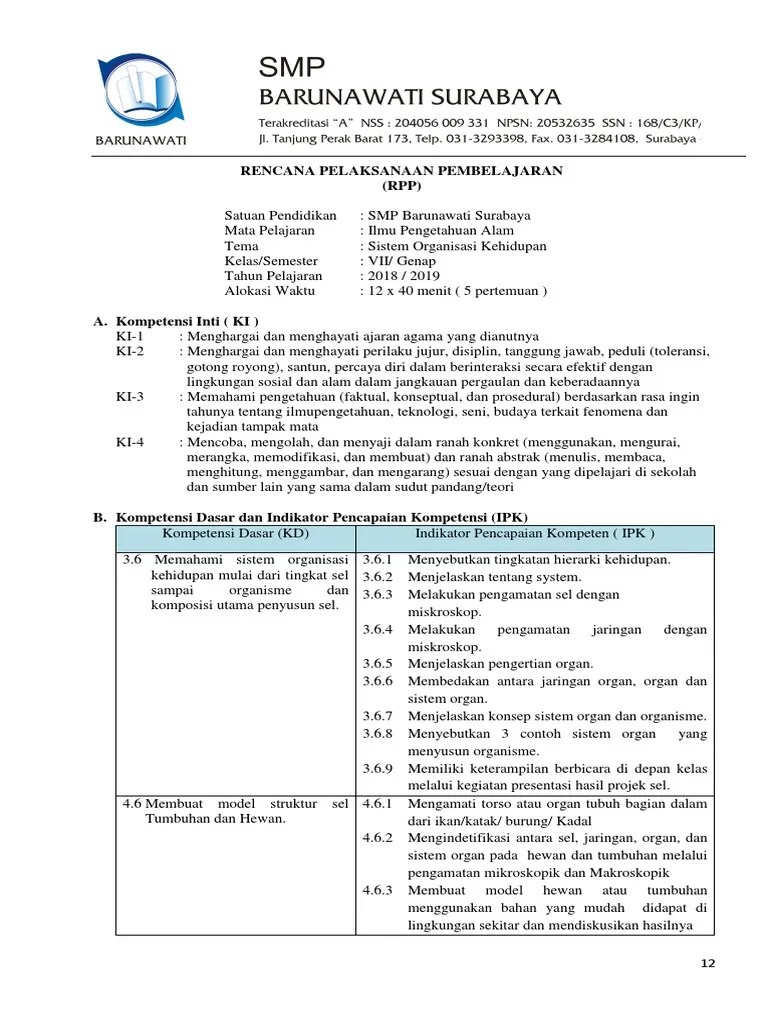 Rpp Organisasi Kehidupan Smp Kelas 7