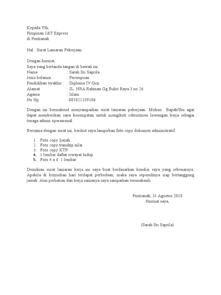 Contoh surat lamaran kerja j&t . Surat Lamaran Jnt Pdf