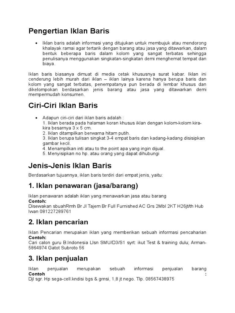Iklan Baris Dan Iklan Kolom Adalah Jenis Iklan Yang Dibedakan Berdasarkan