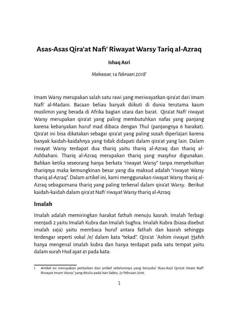Asas-Asas Qira&rsquo;at Nafi' Riwayat Warsy Tariq Al-Azraq | PDF