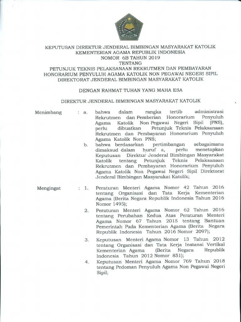 Juknis Pelaksanaan Rekrutmen Dan Pembayaran Honorarium Penyuluh Agama  Katolik Non PNS | PDF