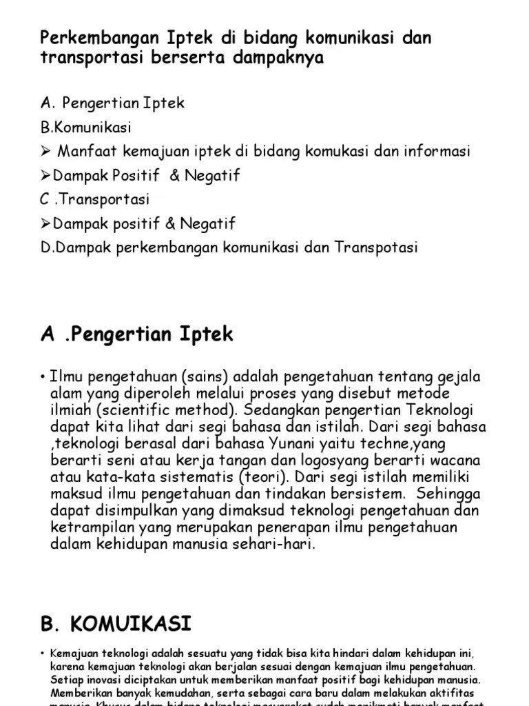 Perkembangan Iptek Di Bidang Komunikasi Dan Transportasi Berserta | PDF