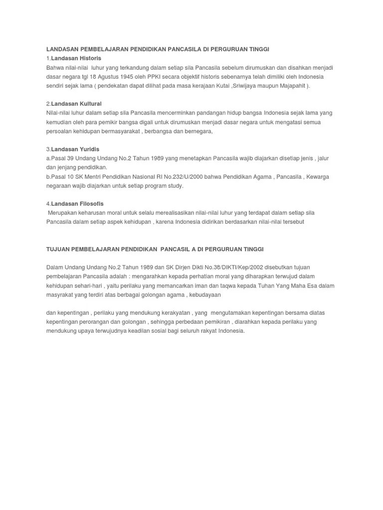 Landasan Pembelajaran Pendidikan Pancasila Di Perguruan Tinggi | PDF