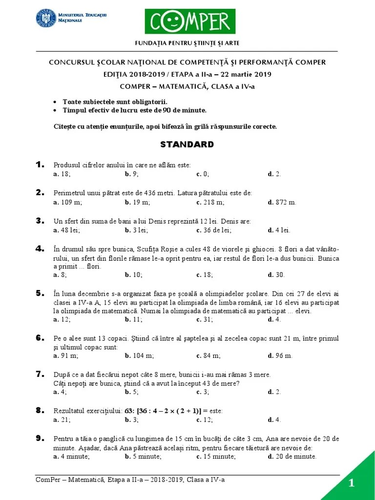 Limba si literatura romana, matematica. Subiect Comper Matematica Etapaii 2018 2019 Clasaiv Pdf
