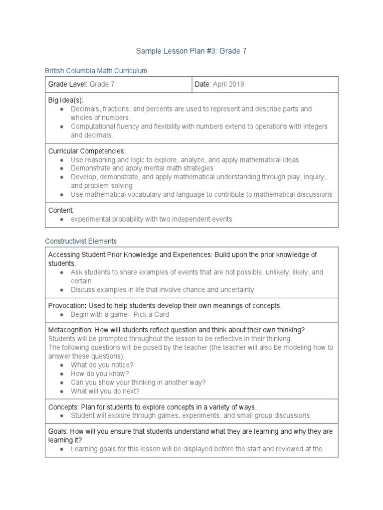 Find the 1st grade lesson plans included in our curriculum or learn how to make your own lesson plans for your first grader! Sample Lesson Plan 3 Grade 7 Mathematics 1 Pdf Probability Teaching Mathematics
