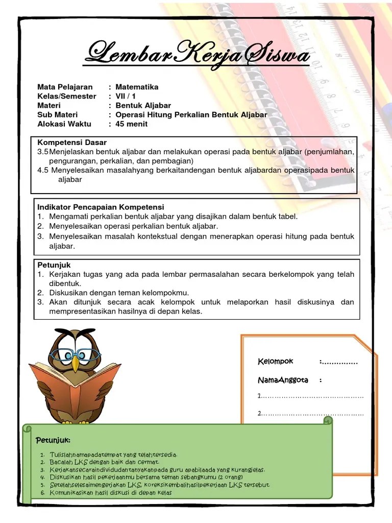 LKS Operasi Perkalian Bentuk Aljabar Kelas 7 | PDF