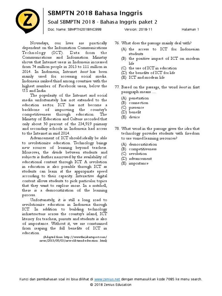 Download naskah soal asli unbk / unkp smp/mts tahun 2019 lengkap semua pelajaran pdf. Soal Sbmptn Bahasa Inggris Pdf Masnurul