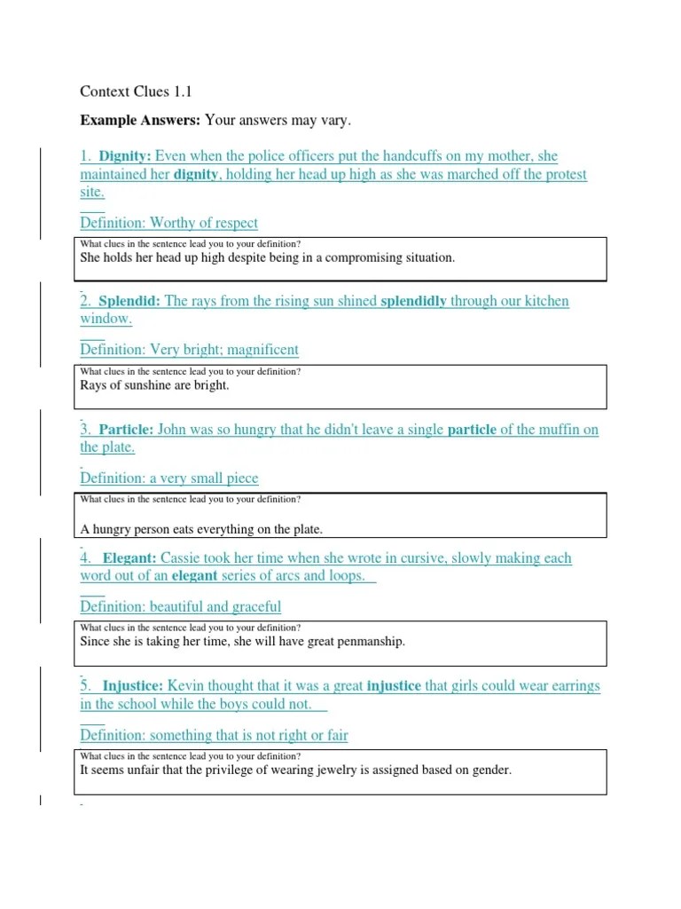 answers for context clues 1 1 and 1 2 pdf