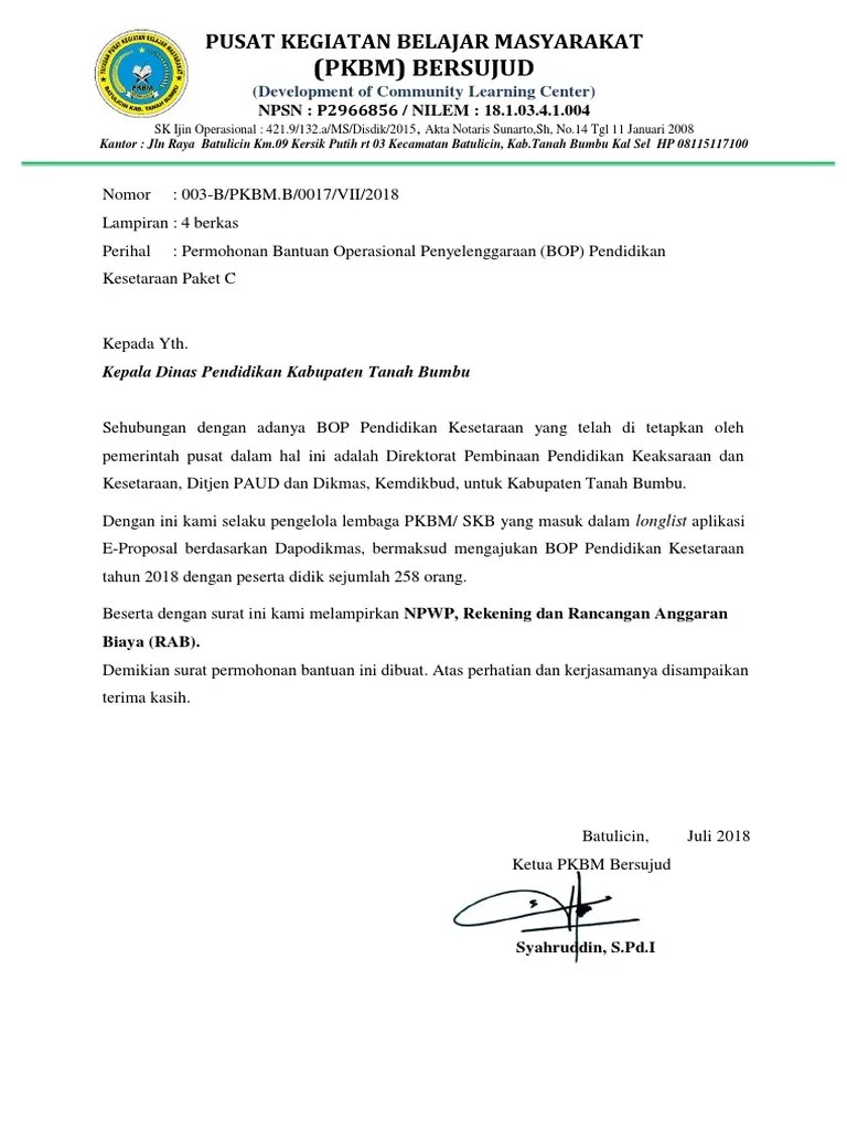 Previous eproposal bindiktara bop paket a b dan c. Surat Permohonan Bantuan Operasional Pkbm Bindiktara 2018