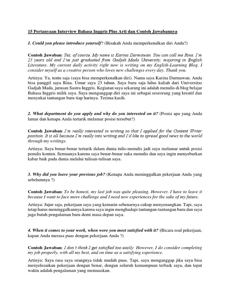 Saya lulus dari universitas widyatama jurusan akuntansi 3 tahun lalu. 15 Pertanyaan Interview Bahasa Inggris Plus Arti Dan Contoh Jawabannya Pdf