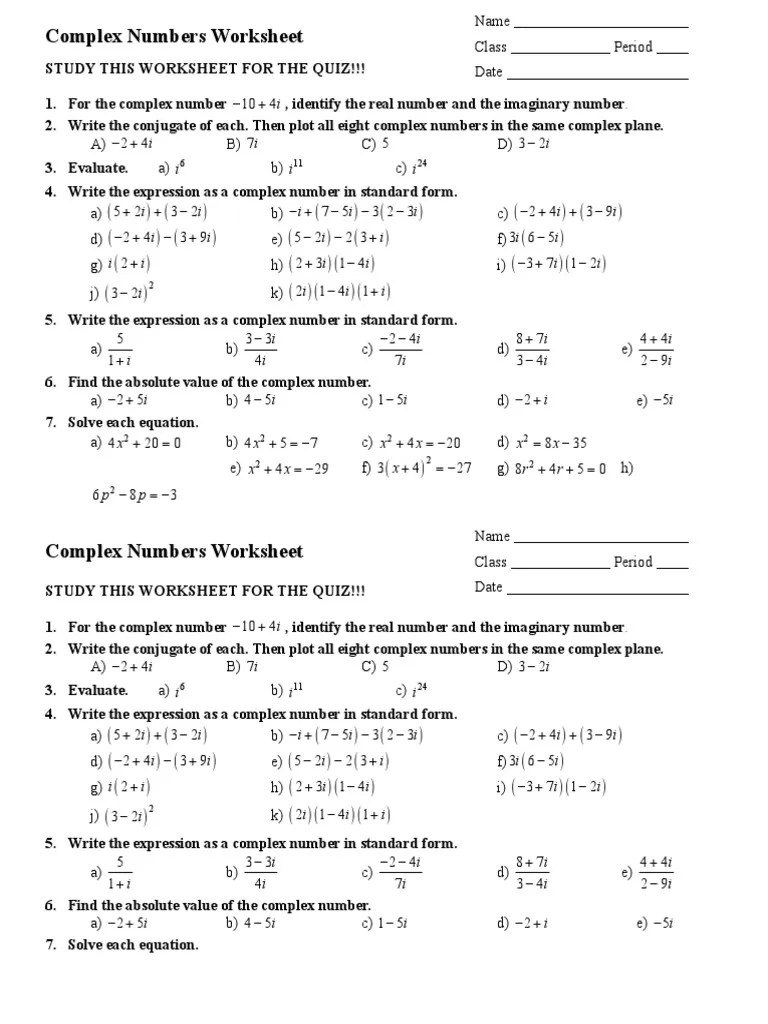 Write the expression as a complex number in standard form. Complex Numbers Worksheet Pdf Complex Number Numbers