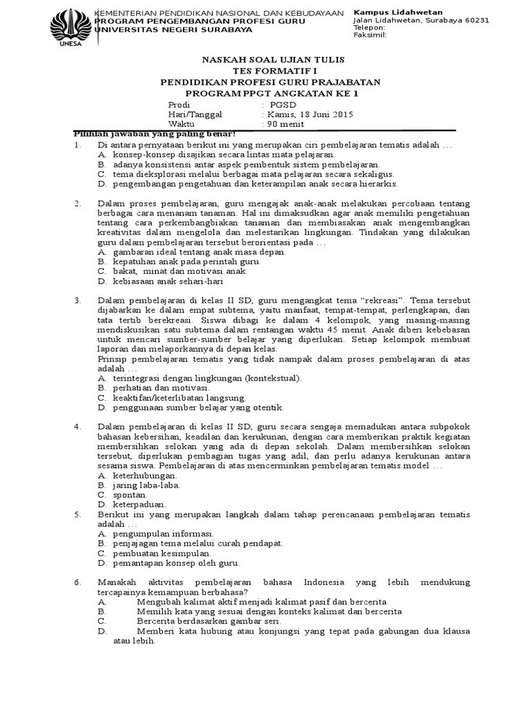 Mudaki 16 desember 2020 balas. Soal Tes Formatif 1 Ppg Ppgtpgsd Angkatan I 2015 Pdf