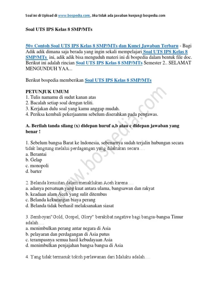 Download dan dapatkan soal latihan ulangan uts pkn smp kelas 8 ktsp semester 1 ganjil / gasal pilihan ganda 50 soal gratis terbaru. 50 Contoh Soal Uts Ips Kelas 8 Smp Mts Dan Kunci Jawaban Pdf