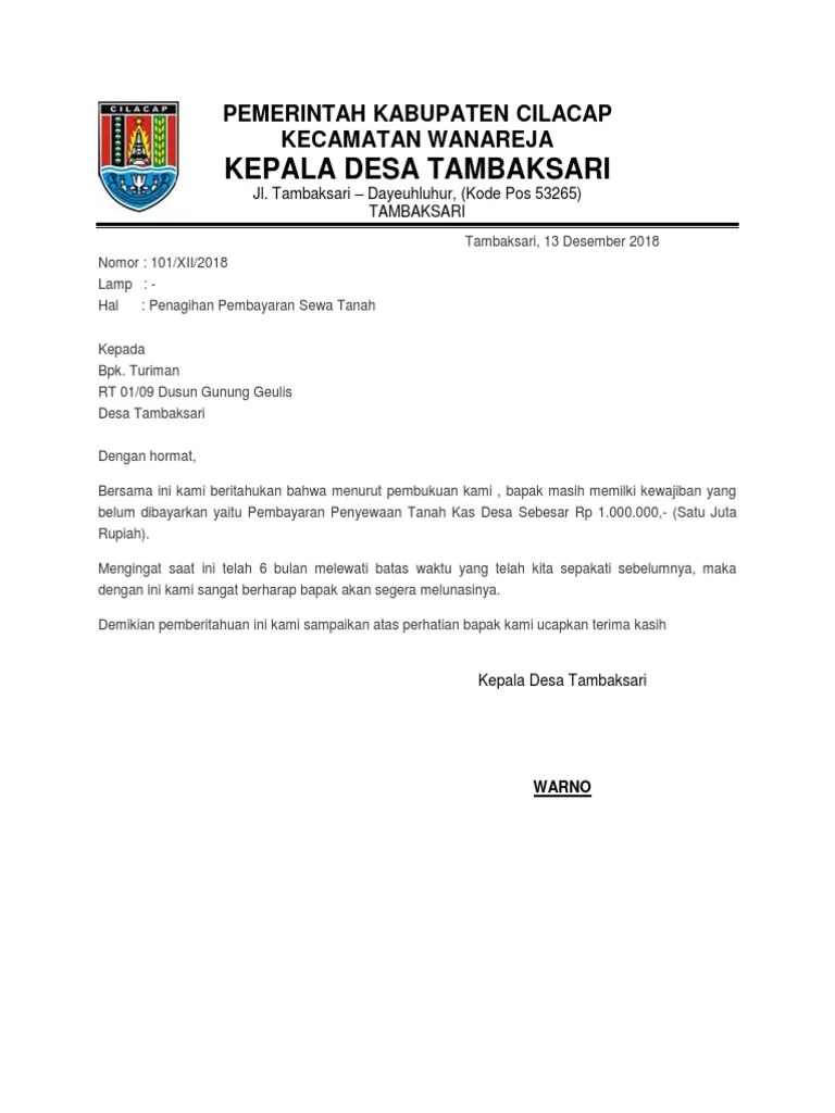 Surat Penagihan Sewa Tanah | PDF