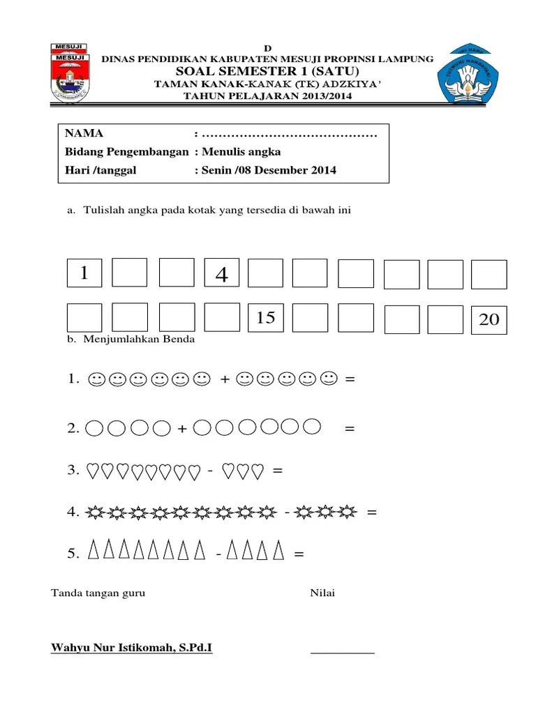 Pembelajaran calistung pendidikan anak usia dini dan ujian masuk. Soal Tk Ganjil Pdf
