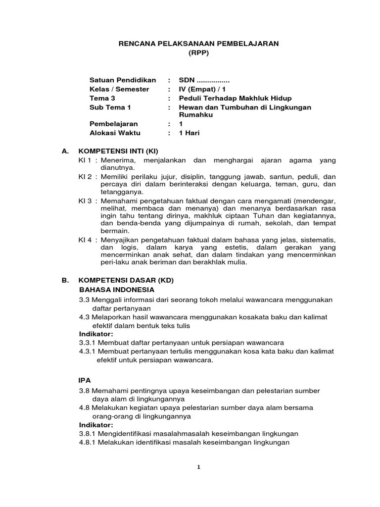 RPP Tema 3 Peduli Terhadap Makhluk Hidup | PDF