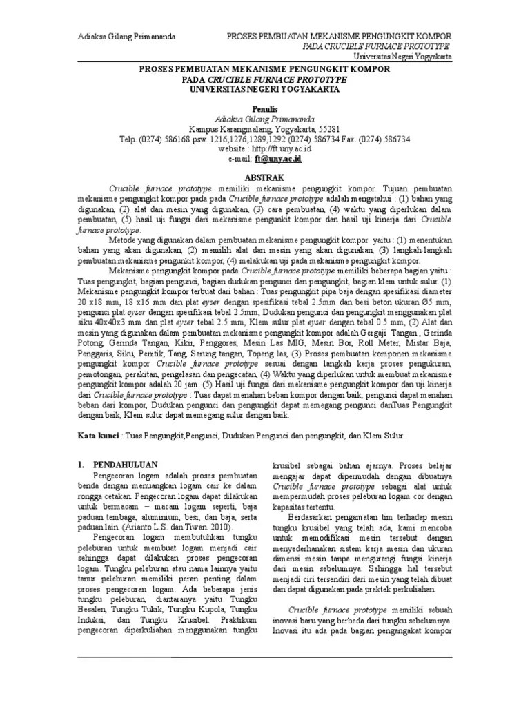 Jurnal Proses Pembuatan Mekanisme Pengungkit Kompor Pada Crucible Furnace  Prototype | PDF