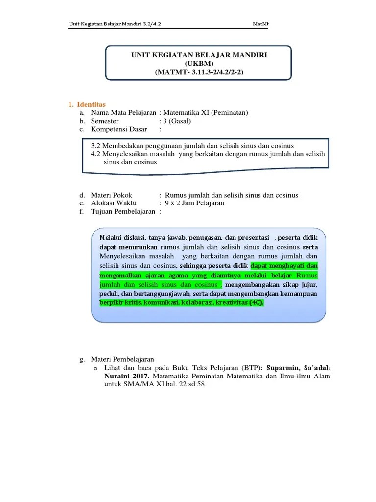 Pembelajaran berdimensi dua ( bidang) dan segitiga, dalil berdimensi tiga. Ukbm Matematika Minat Kelas Xi Mipa Jumlah Dan Selisih Sudut Pdf