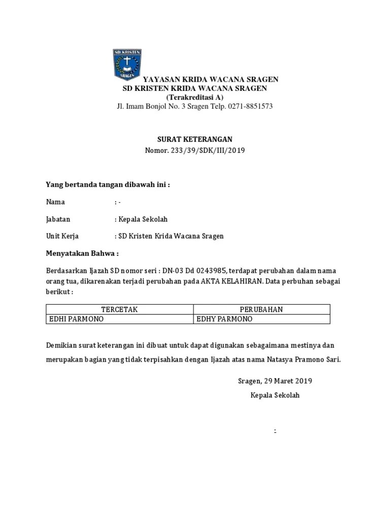 Langkah pertama yaitu, pemohon datang ke sekolah untuk meminta surat perbaikan nama, kemudian pergi ke kantor dinas pendidikan. Contoh Surat Keterangan Perubahan Data Pada Ijazah Pdf