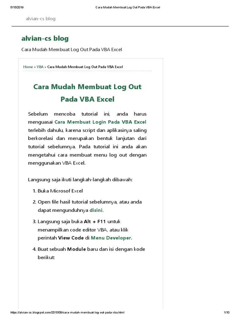 Cara Mudah Membuat Log Out Pada VBA Excel | PDF