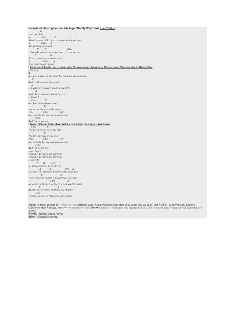 Lirik Lagu On My Way Alan Walker Chord Gitar