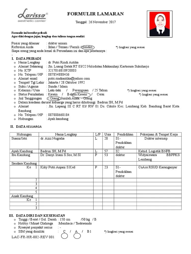 Semoga contoh surat berikut dapat menjadi inspirasi anda dalam membuat . Formulir Lamaran Larissa Pdf
