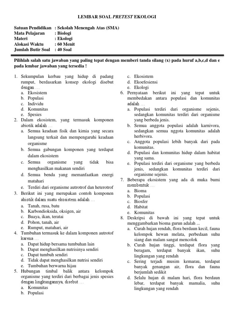 Berilah tanda silang (x) pada salah satu huruf a, b, c, d, atau e di depan jawaban yang paling tepat ! Soal Pretest Pdf