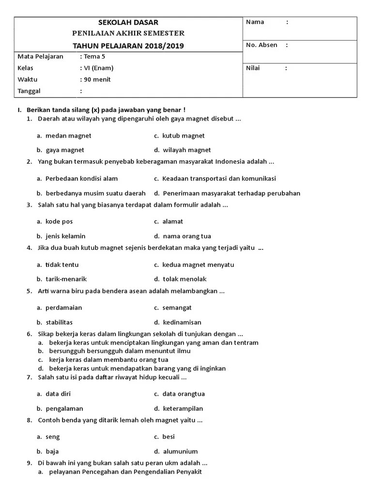 Soal Pas Tematik Kelas 6 Tema 5 | PDF