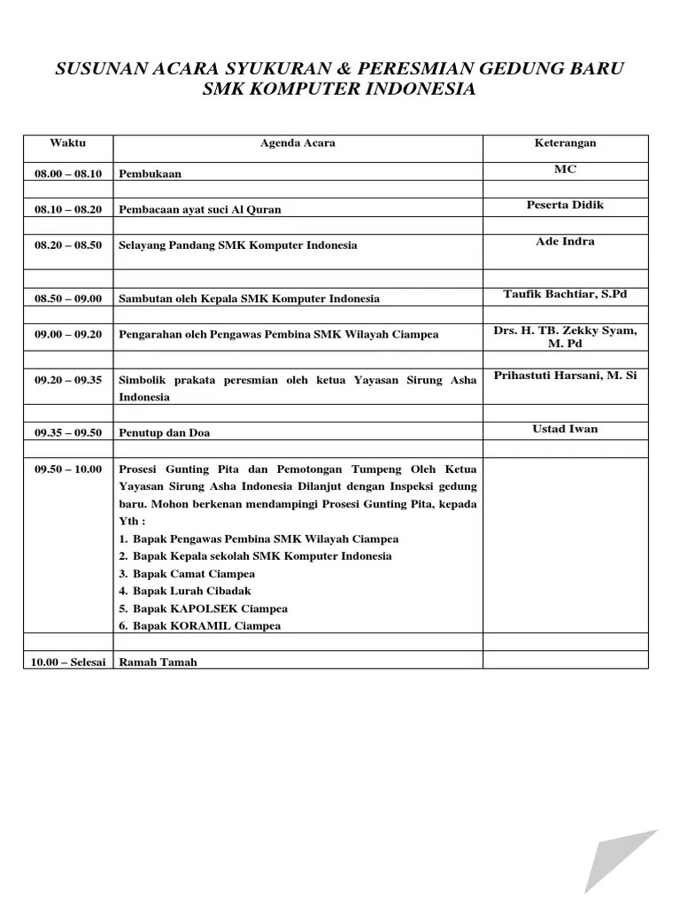 Potong tumpeng & peresmian masjid nurul falah (tandatangan prasasti) ceramah agama / mauidho khasanah. Susunan Acara Peresmian Sekolah