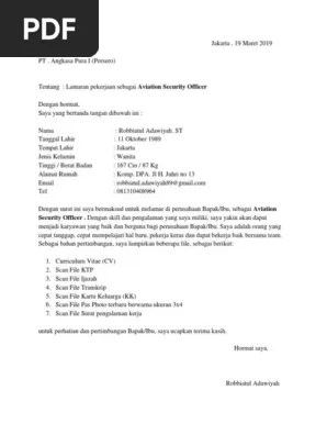 Saat melamar pekerjaan sebagai seorang security, wajib hukumnya unt. Surat Lamaran Aviation Security Officer Pdf