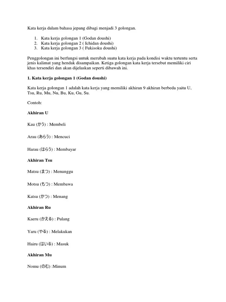 Kata Kerja Dalam Bahasa Jepang Dibagi Menjadi 3 Golongan | PDF