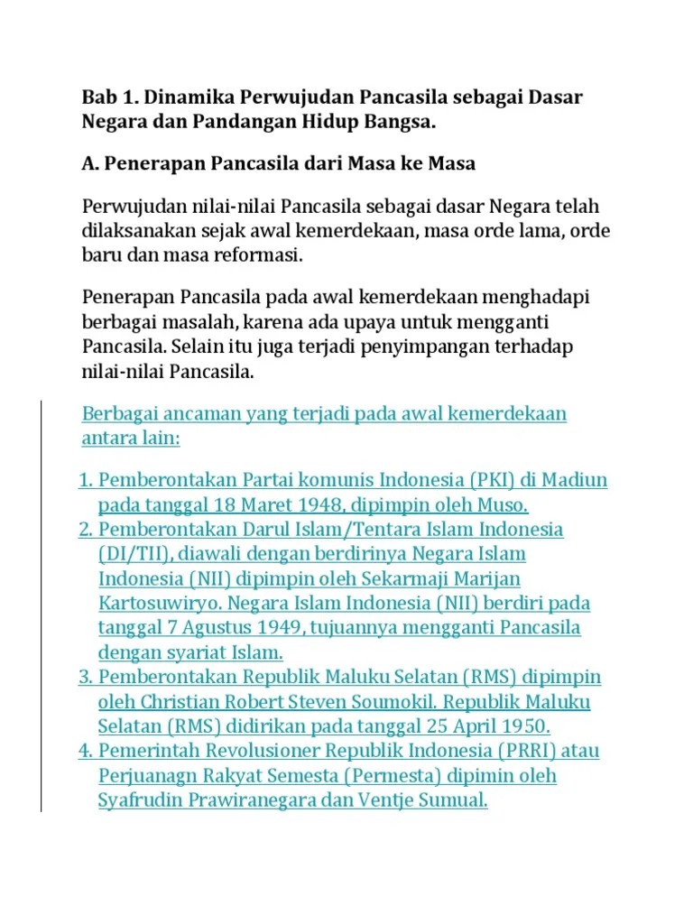Bab 1. Dinamika Perwujudan Pancasila Sebagai Dasar Negara Dan Pandangan  Hidup Bangsa. A. Penerapan Pancasila Dari Masa Ke Masa | PDF