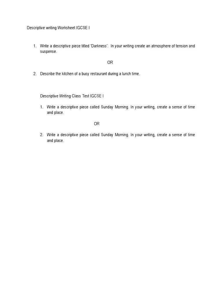 descriptive writing worksheet igcse i pdf