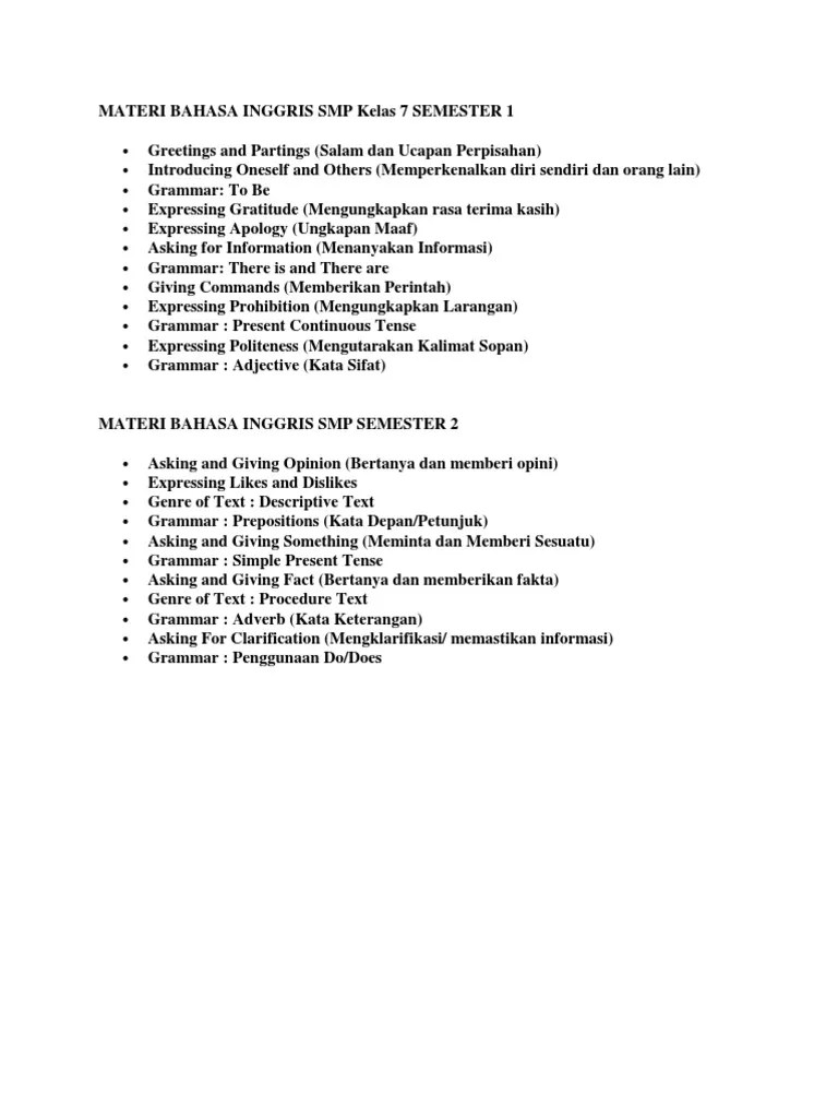 MATERI BAHASA INGGRIS SMP Kelas 7 SEMEST | PDF | Grammatical Tense |  Linguistics