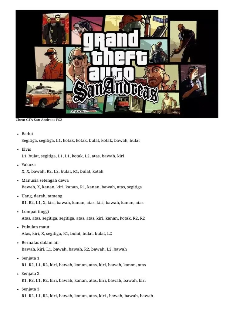 Kanan, r1, kanan, atas, kotak, segitiga; Cheat Gta Lengkap Bahasa Indonesia Dari San Andreas Sampai Gta V Duniagames