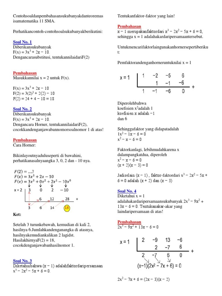 Contoh Soal Dan Pembahasan Suku Banyak Dan Teorema Sisa Matematika 11 SMA |  PDF