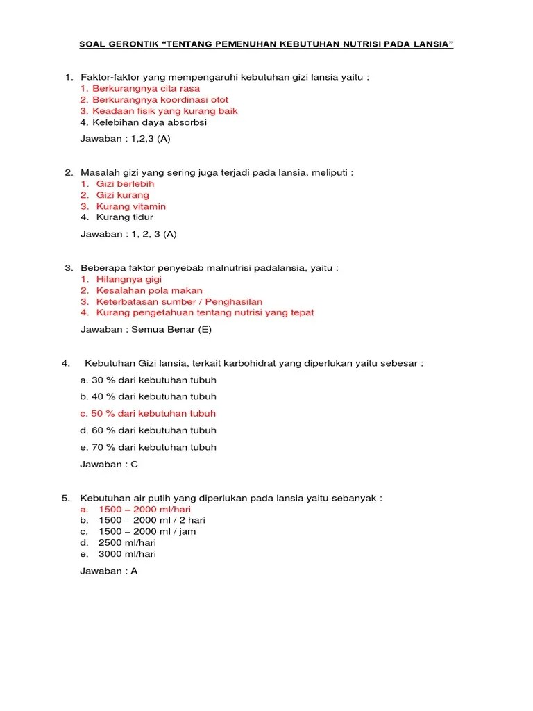 Soal Gerontik Tentang Kebutuhan Nutrisi Lansia | PDF