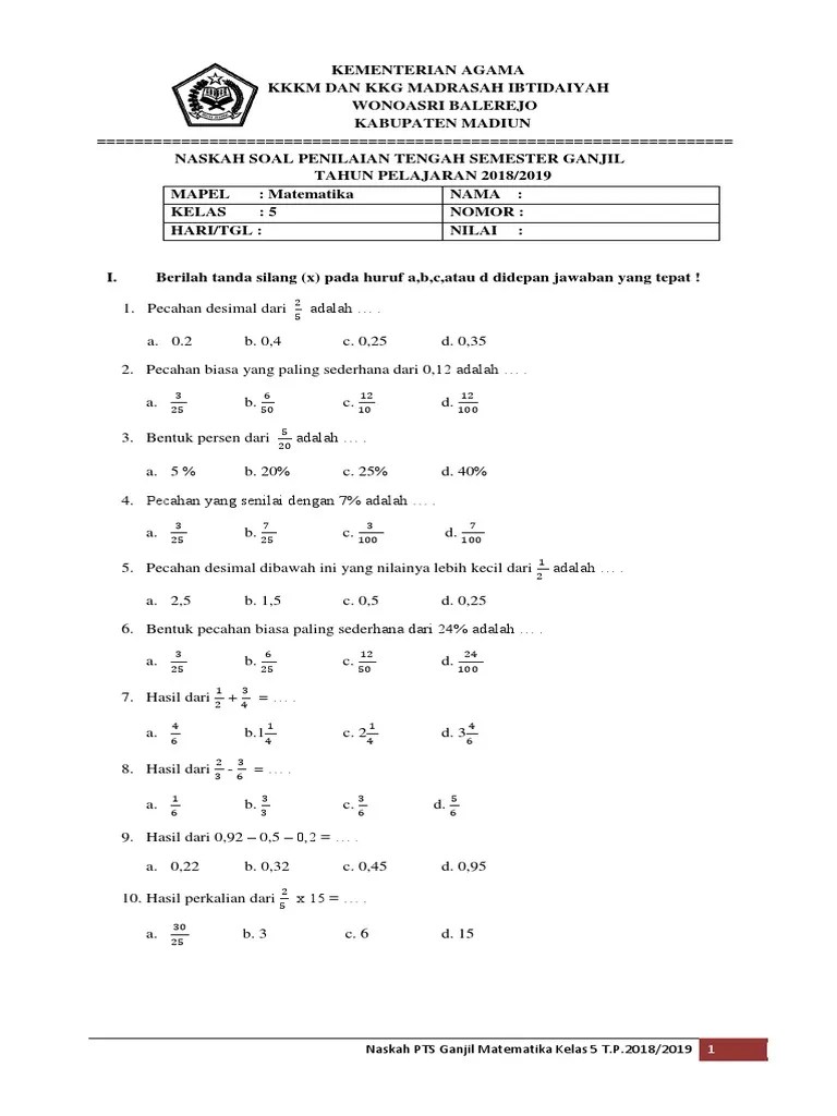 Soal UTS Matematika Kelas 5 | PDF