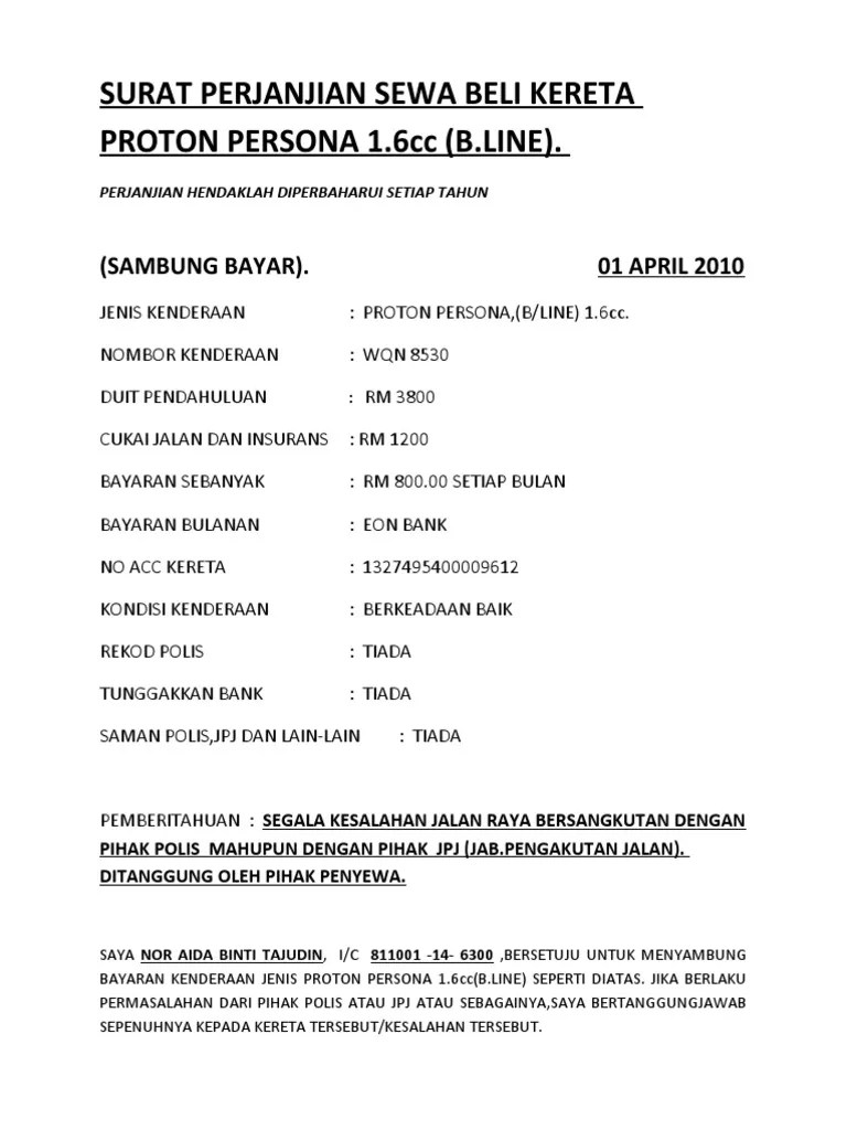 Pasal 1 pokok perjanjian 1. Surat Perjanjian Sewa Beli Kereta Proton Persona 1 Amri Pdf