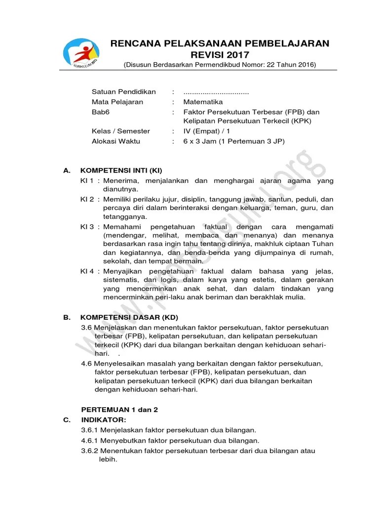 Download rpp matematika sd kelas 4 semester 2. Rpp Kd 3 6 4 6 Mtk Kelas 4 Sem 1 Revisi 2017 Pdf