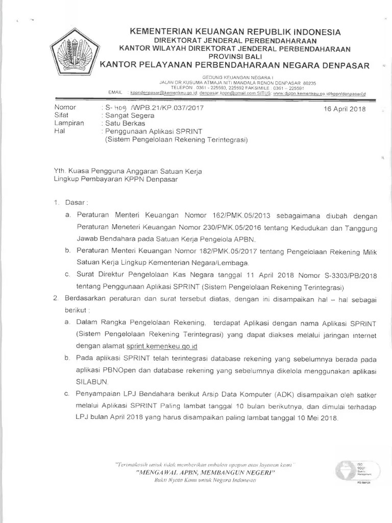 Surat persetujuan pembukaan rekening ini yang akan dibawa ke bank untuk . Penggunaan Aplikasi Sprint Untuk Satker Pdf