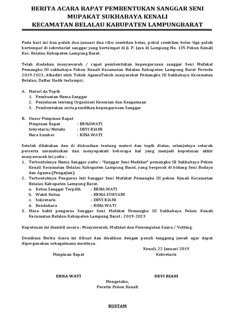Berita Acara Rapat Pembentukan Sanggar Seni Mupakat Sukhabaya Kenali | PDF