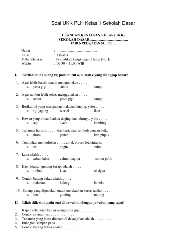 I s i a n. Soal Kelas 1 Sd Plh Ukk Pdf