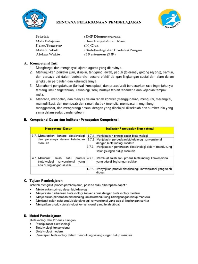 RPP SMP 4 IPA Kelas IX Bioteknologi | PDF