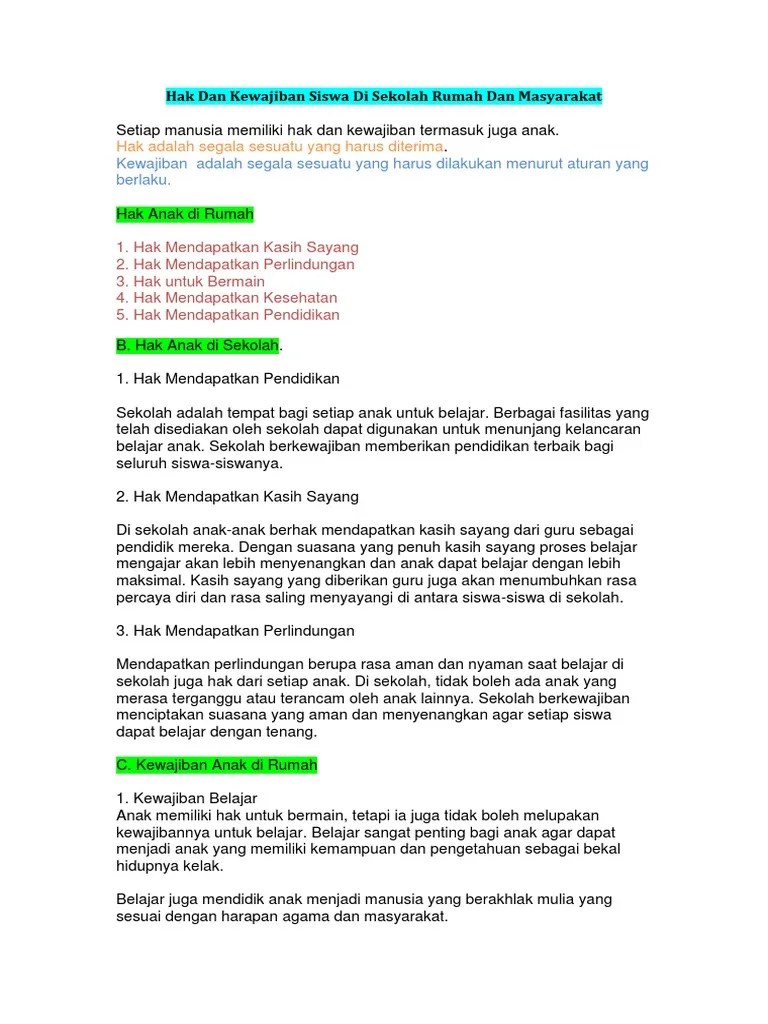 Hak Dan Kewajiban Siswa Di Sekolah Rumah Dan Masyarakat | PDF