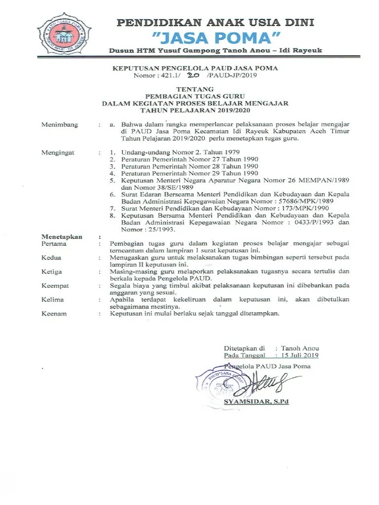 Pembagian tugas guru dalam proses belajar mengajar pelajaran 2015/2016. Contoh Sk Penugasan Guru Paud Lektur Indo
