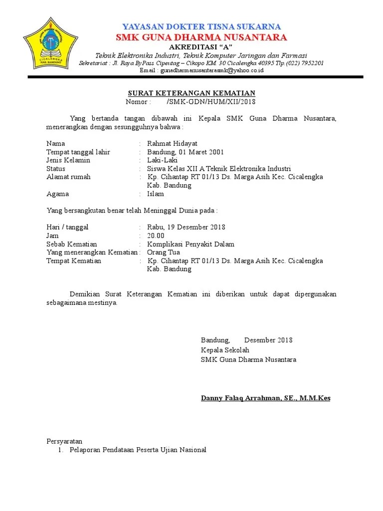 Surat keterangan kematian dari kelurahan/desa;; Surat Kematian Pdf