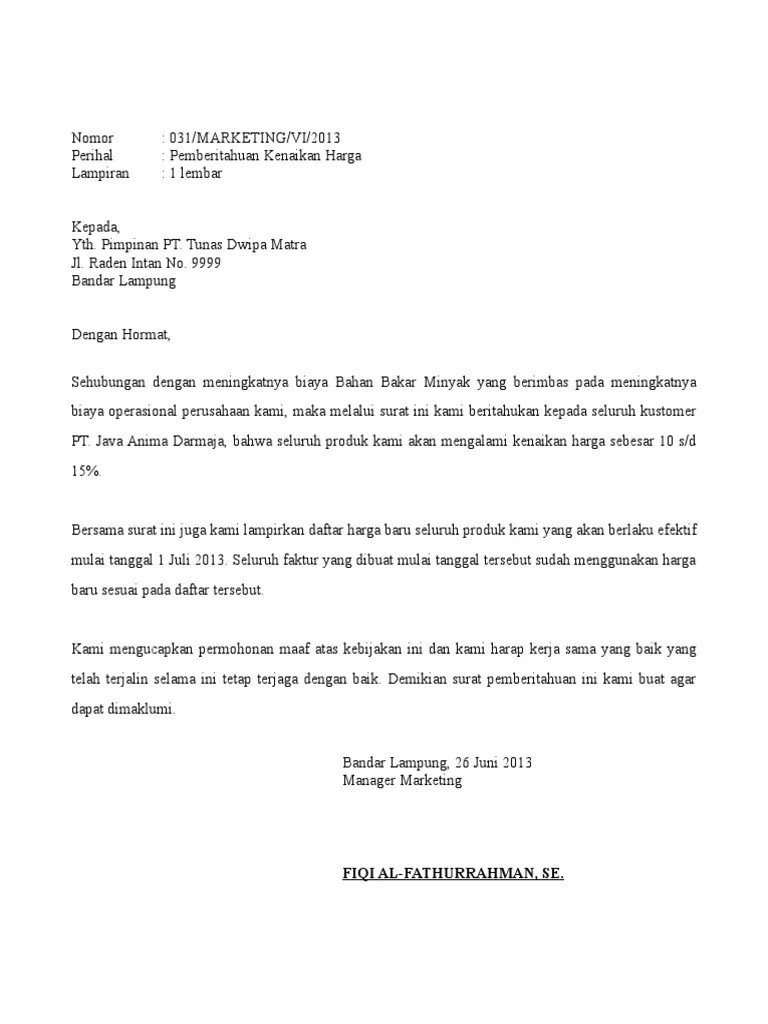 Surat rasmi senarai vendor yang dicadangkan. Contoh Surat Pemberitahuan Kenaikan Harga Produk Pdf