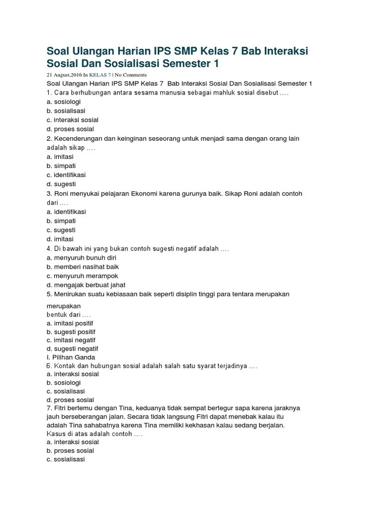 7 / 1 materi pokok : Soal Ulangan Harian Ips Smp Kelas 7 Bab Interaksi Sosial Dan Sosialisasi Semester 1 Pdf