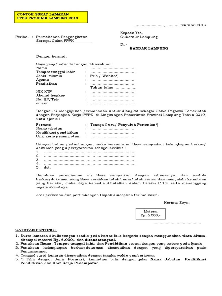 Surat lamaran ini nantinya diprint kemudian . Contoh Surat Lamaran Pppk Provinsi Lampung Tahun 2019 Pdf